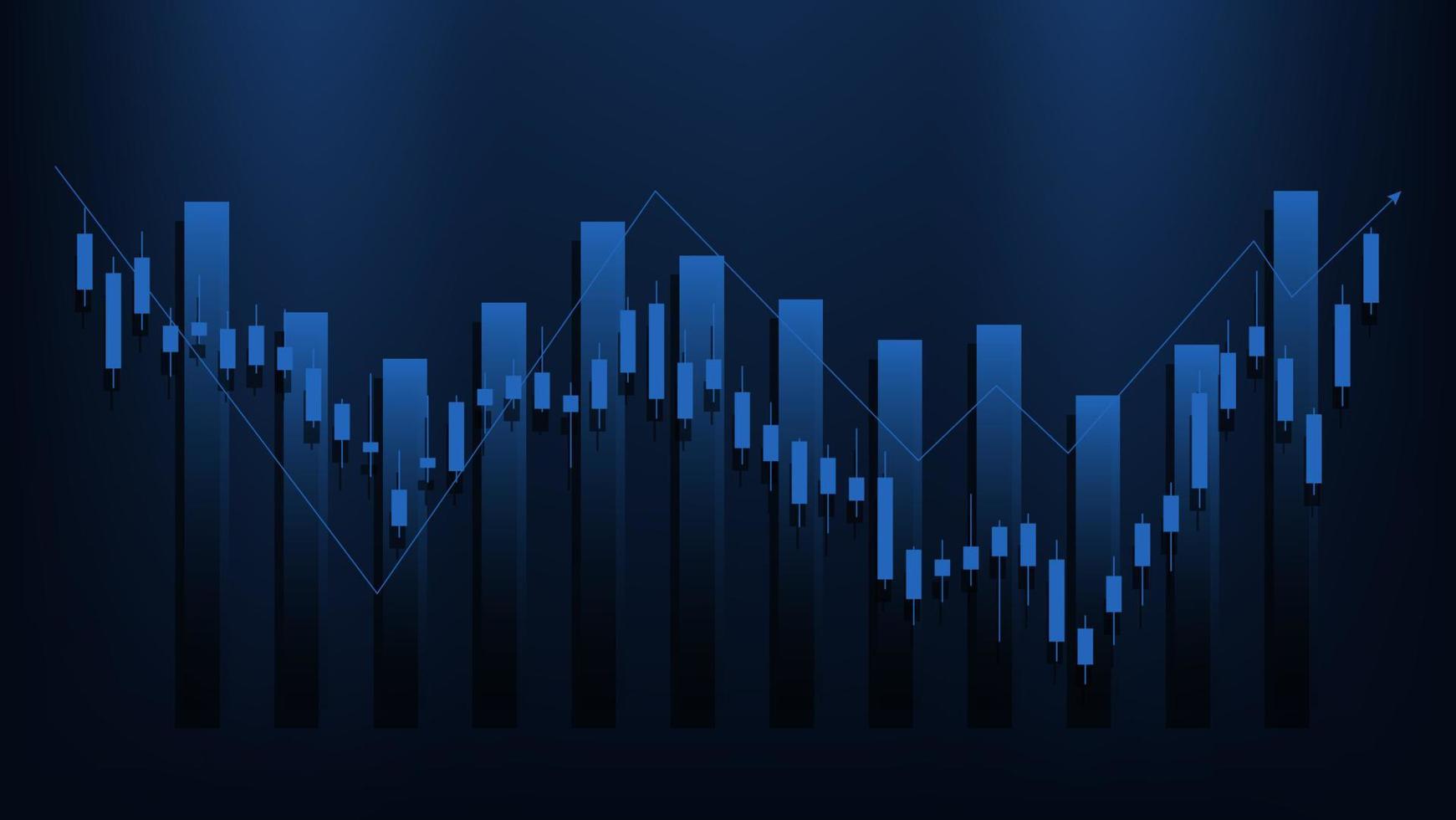 economia situazione concetto. finanziario attività commerciale statistica con bar grafico e candeliere grafico mostrare azione mercato prezzo e moneta scambio su blu sfondo vettore