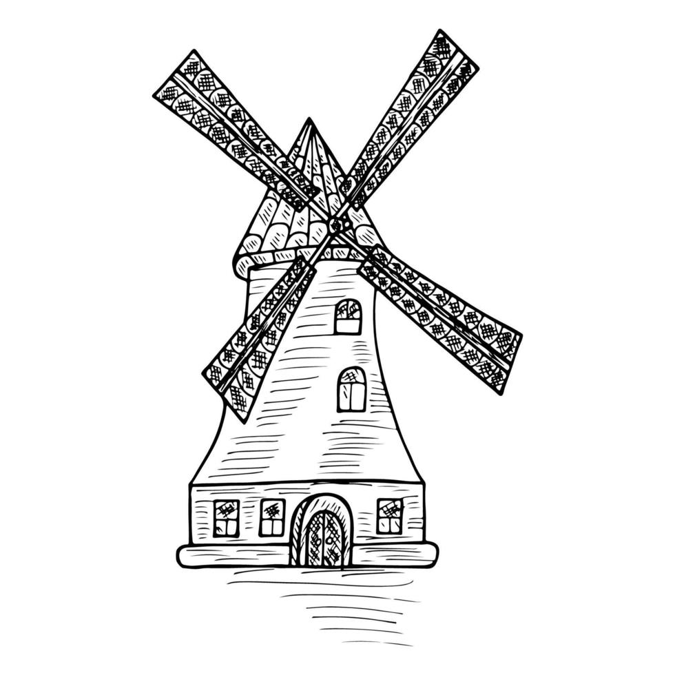 mulino a vento, vettore illustrazione di scarabocchi, a mano libera disegno su un' bianca sfondo