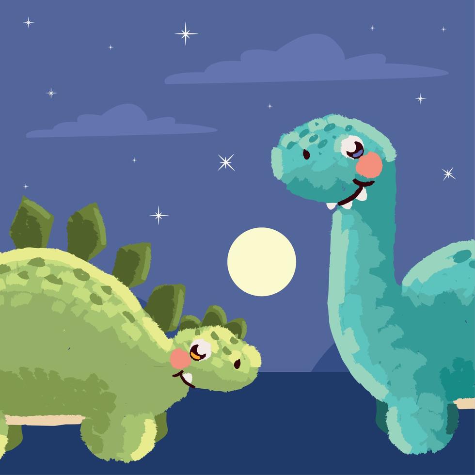 carino dinosauri a piedi nel il notte vettore