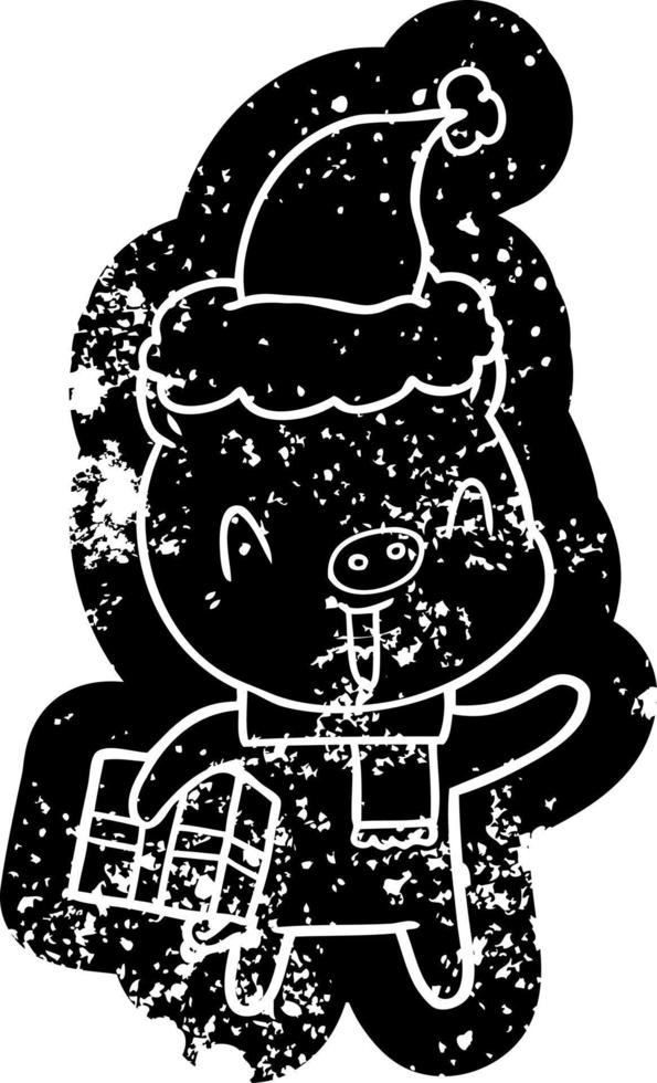 contento cartone animato afflitto icona di un' maiale con natale presente indossare Santa cappello vettore