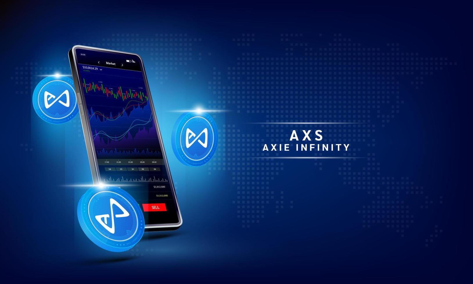 axie infinito moneta e Telefono. App per commercio crypto moneta su il toccare schermo smartphone. dati analitica azione mercato. tendenze e finanziario strategia. mobile bancario criptovaluta. vettore 3d.