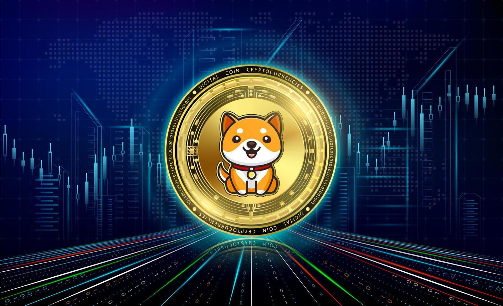 criptovalute bambino doge con crescita grafico. internazionale azione scambio. bloccare catena elettronico crypto moneta in linea tecnologia. moneta oro su futuristico città neon buio sfondo. 3d vettore. vettore