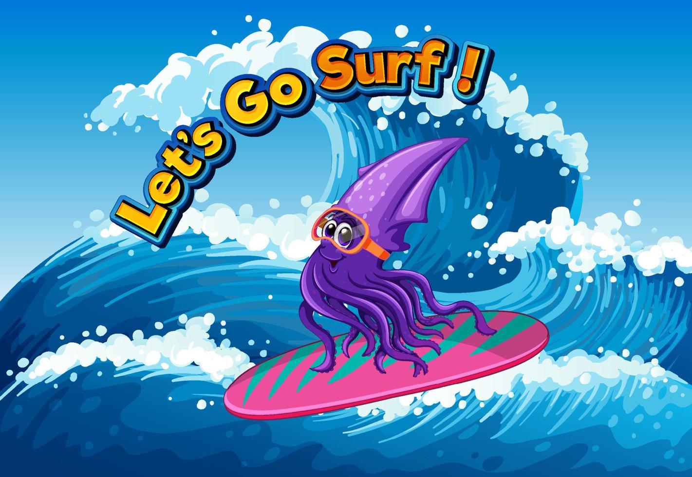 lascia partire Surf parola con calamaro cartone animato vettore