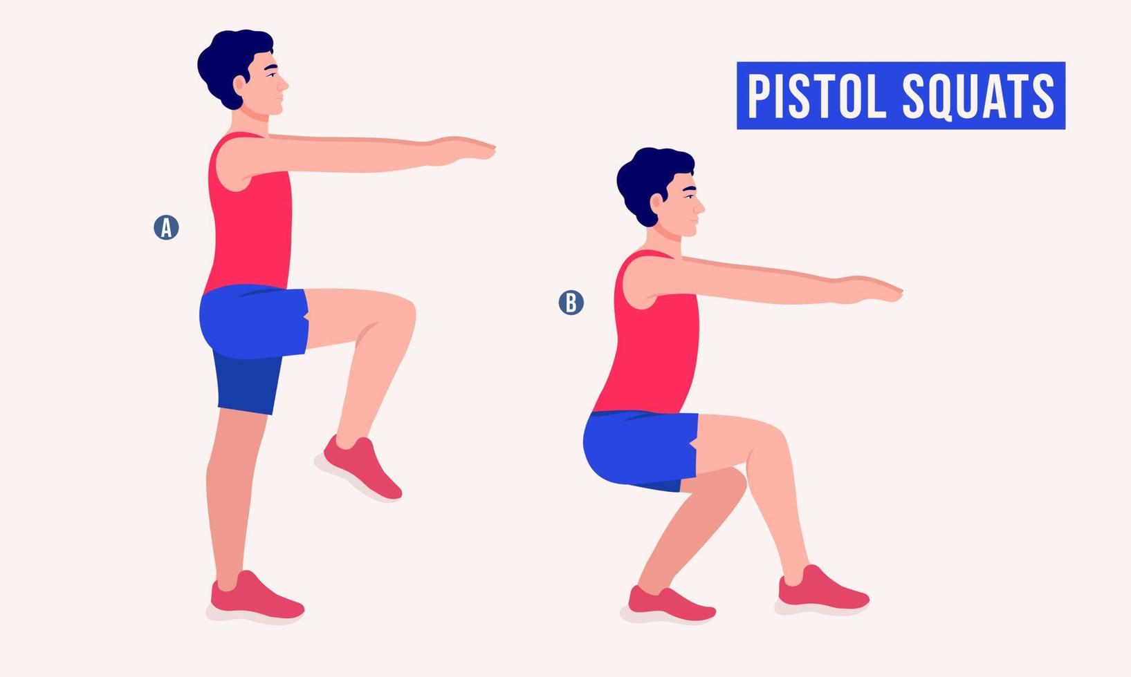 pistola squat esercizio, uomini allenarsi fitness, aerobico e esercizi. vettore