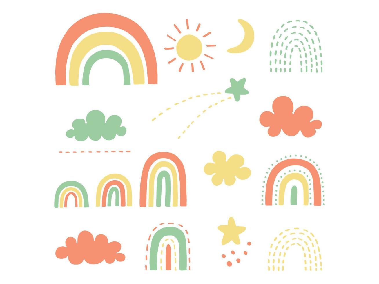 scarabocchi arcobaleno impostato illustratore, carino clipart di arcobaleno, nuvole, stelle, sole e mezzaluna Luna vettore