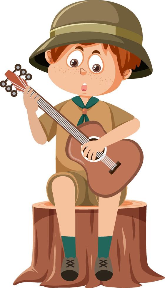 carino ragazzo esploratore cartone animato personaggio giocando chitarra vettore