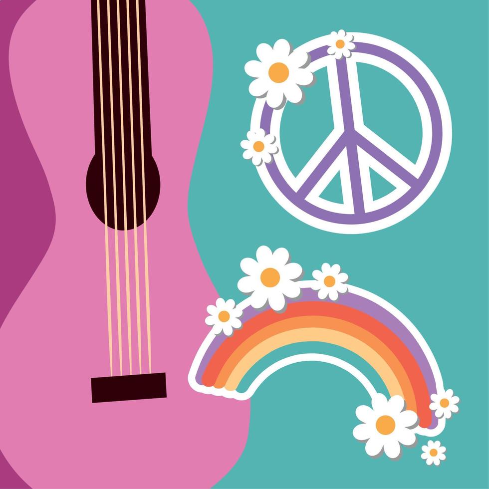hippie chitarra e arcobaleno vettore