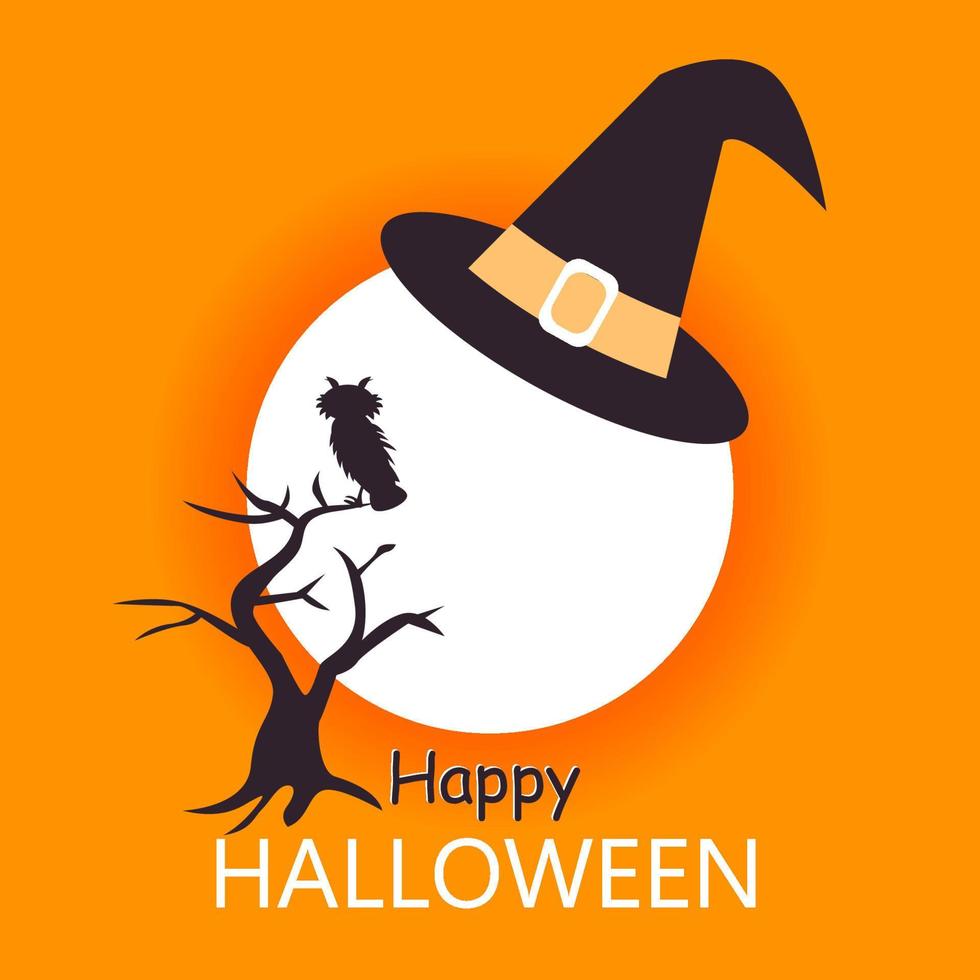 contento Halloween carta modello con sanguinoso Luna nel divertente cappello e albero con un gufo. astratto Helloween modello per saluto carta, festa invito, menù, manifesto, t camicia Stampa. vettore illustrazione