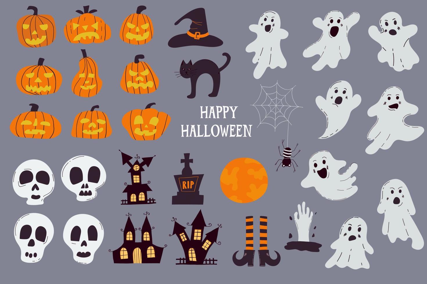 impostato di elementi per Halloween con zucche e carino fantasmi. per saluto carte, festa inviti, tag, adesivi. vettore mano disegnato.