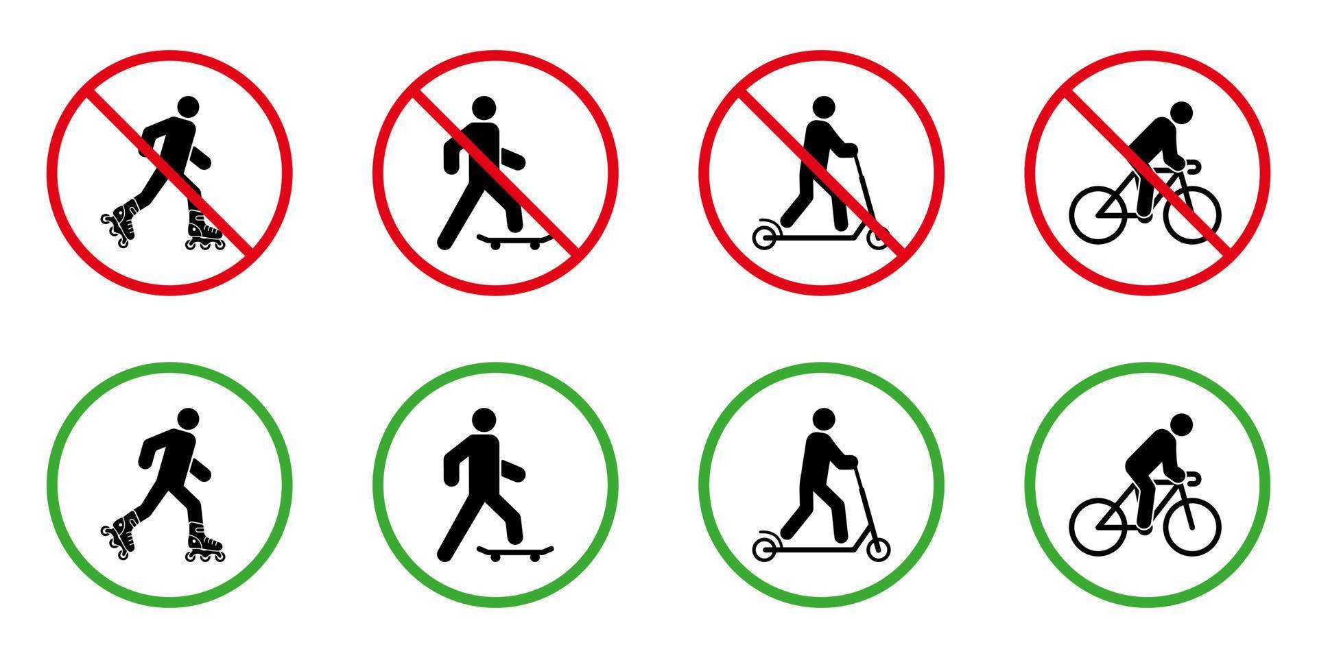 attenzione proibire pattino a rotelle skateboard bicicletta calcio scooter pittogramma impostare. no permettere ruota eco trasporto cartello. permesso rullo pattinare tavola bicicletta calcio scooter verde icona. isolato vettore illustrazione.