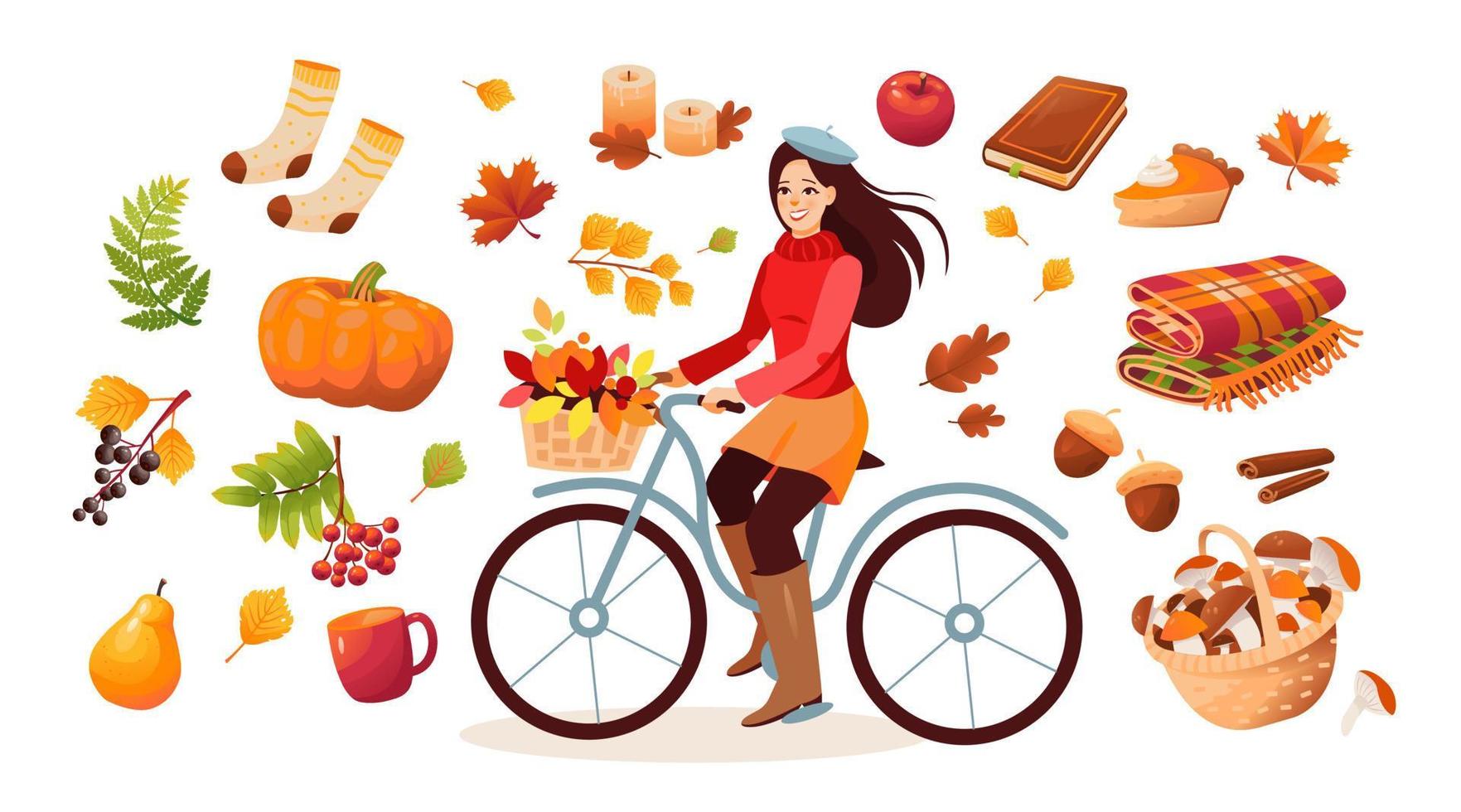 autunno impostare, fogliame, foresta funghi, plaid, zucca, torta, a maglia calzini, cannella. un' ragazza su un' bicicletta con un' cestino di le foglie. cartone animato vettore illustrazione