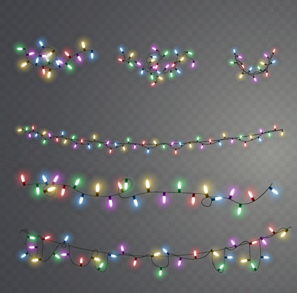 Natale luci. vettore linea con raggiante leggero lampadine.set di d'oro natale raggiante ghirlanda guidato neon lampada illustrazione. Natale luci isolato su trasparente sfondo per carte, striscioni, manifesti