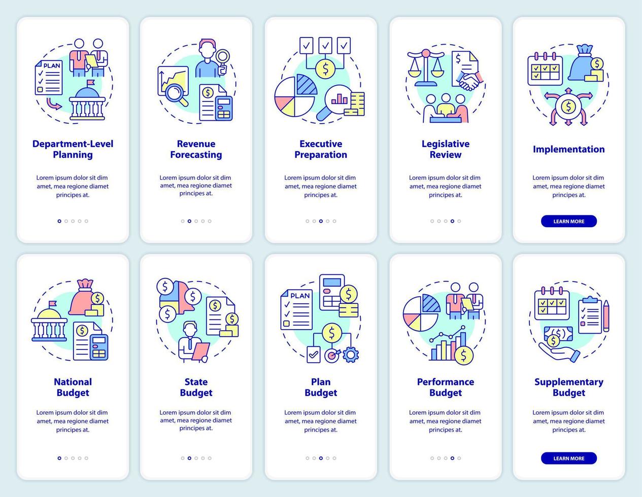 stato e governo budgeting onboarding mobile App schermo impostare. Procedura dettagliata 5 passaggi grafico Istruzioni pagine con lineare concetti. ui, ux, gui modello. vettore