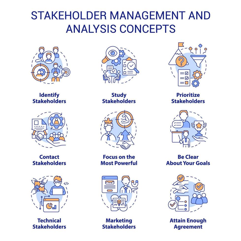 stakeholder gestione e analisi concetto icone impostare. identificare interessi idea magro linea colore illustrazioni. isolato simboli. modificabile ictus. vettore