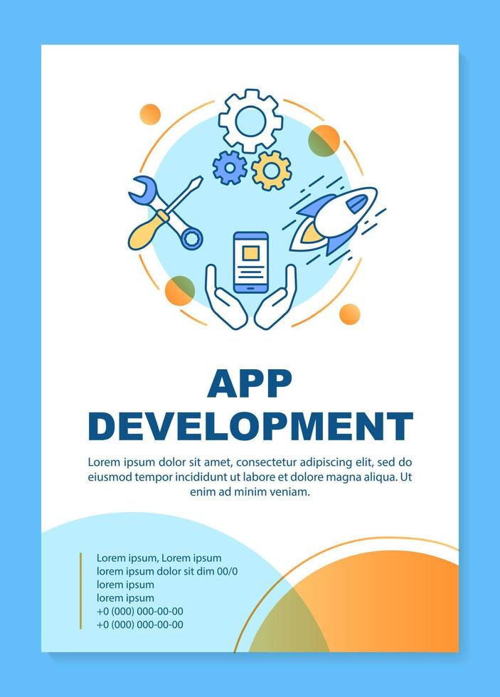 App sviluppo manifesto modello disposizione. Software programmazione. mobile applicazione. striscione, opuscolo, volantino Stampa disegno, lineare icone. vettore opuscolo pagina disposizione per riviste, pubblicità volantini