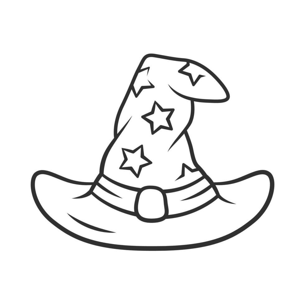 procedura guidata cappello lineare icona. magro linea illustrazione. strega Magia cap. mago, maga cap. Halloween costume. stregoneria, stregoneria elemento. contorno simbolo. vettore isolato schema disegno. modificabile ictus