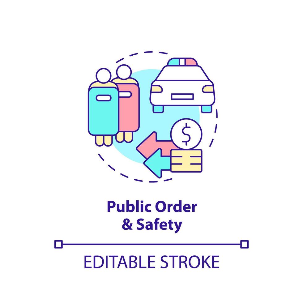 pubblico ordine e sicurezza concetto icona. polizia e protezione Servizi. spese astratto idea magro linea illustrazione. isolato schema disegno. modificabile ictus. vettore