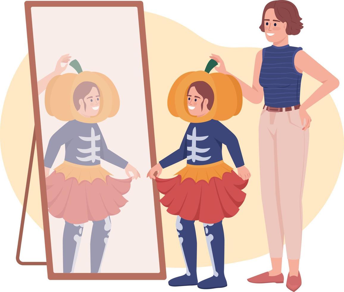 la scelta costume con mamma 2d vettore isolato illustrazione. madre e figlia piatto personaggi su cartone animato sfondo. Halloween preparazione colorato modificabile scena per mobile, sito web, presentazione