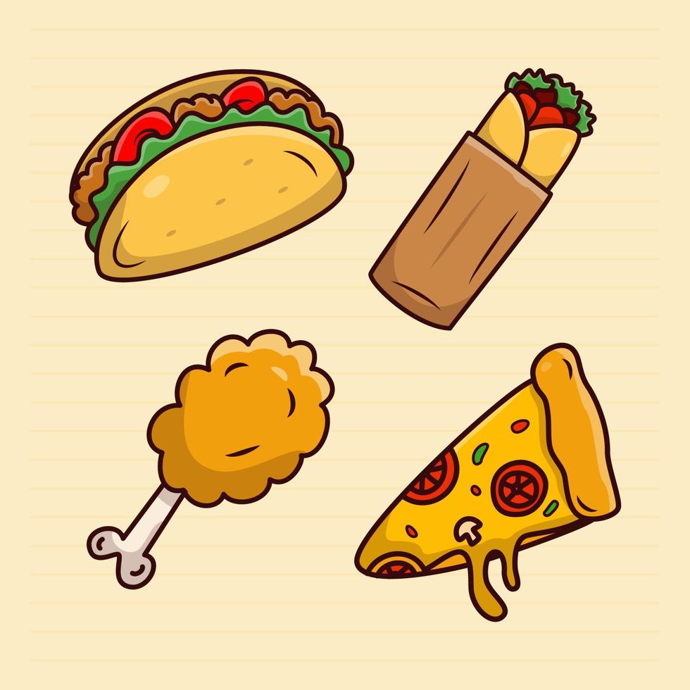 impostato di veloce cibo cartone animato, taco, kebab, fritte pollo, e Pizza illustrazione vettore