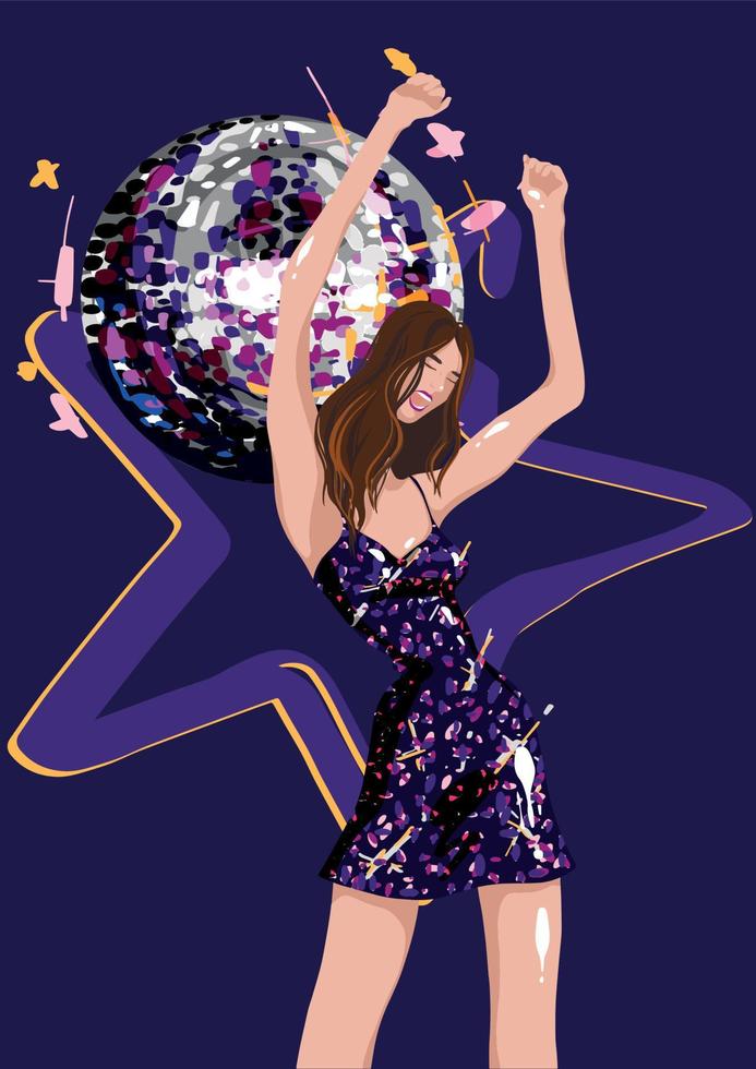 un' giovane ragazza balli contro il fondale di stelle e un' discoteca sfera. un' ragazza nel un' scintillante mini vestire. festa, grande design per qualunque scopo. celebrare il festa. . festa arredamento. vettore disegno.