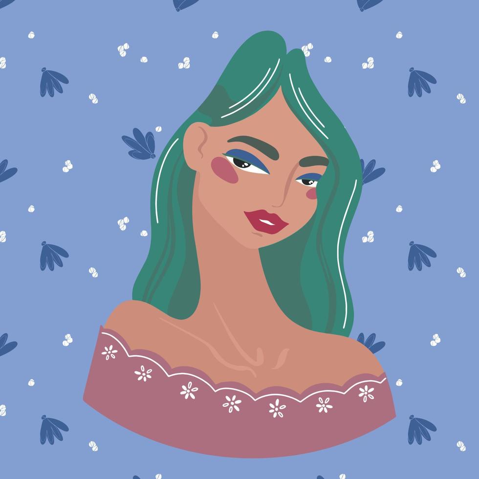 bellissimo orientale ragazza con lungo colorato capelli. avatar per sociale Rete. moda illustrazione isolato su sfondo. vettore