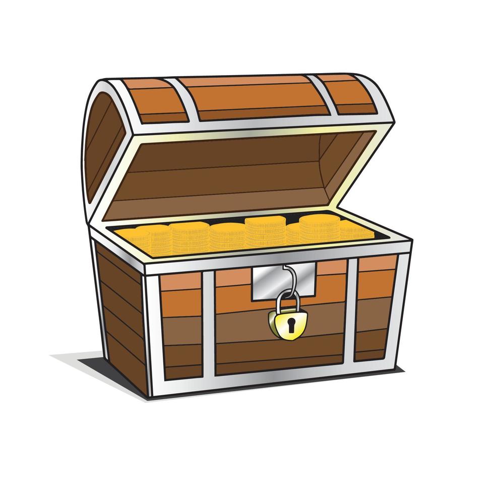 Tesoro scatola o di legno il petto pieno con d'oro monete. piatto cartone animato di vettore illustrazione isolato su bianca.