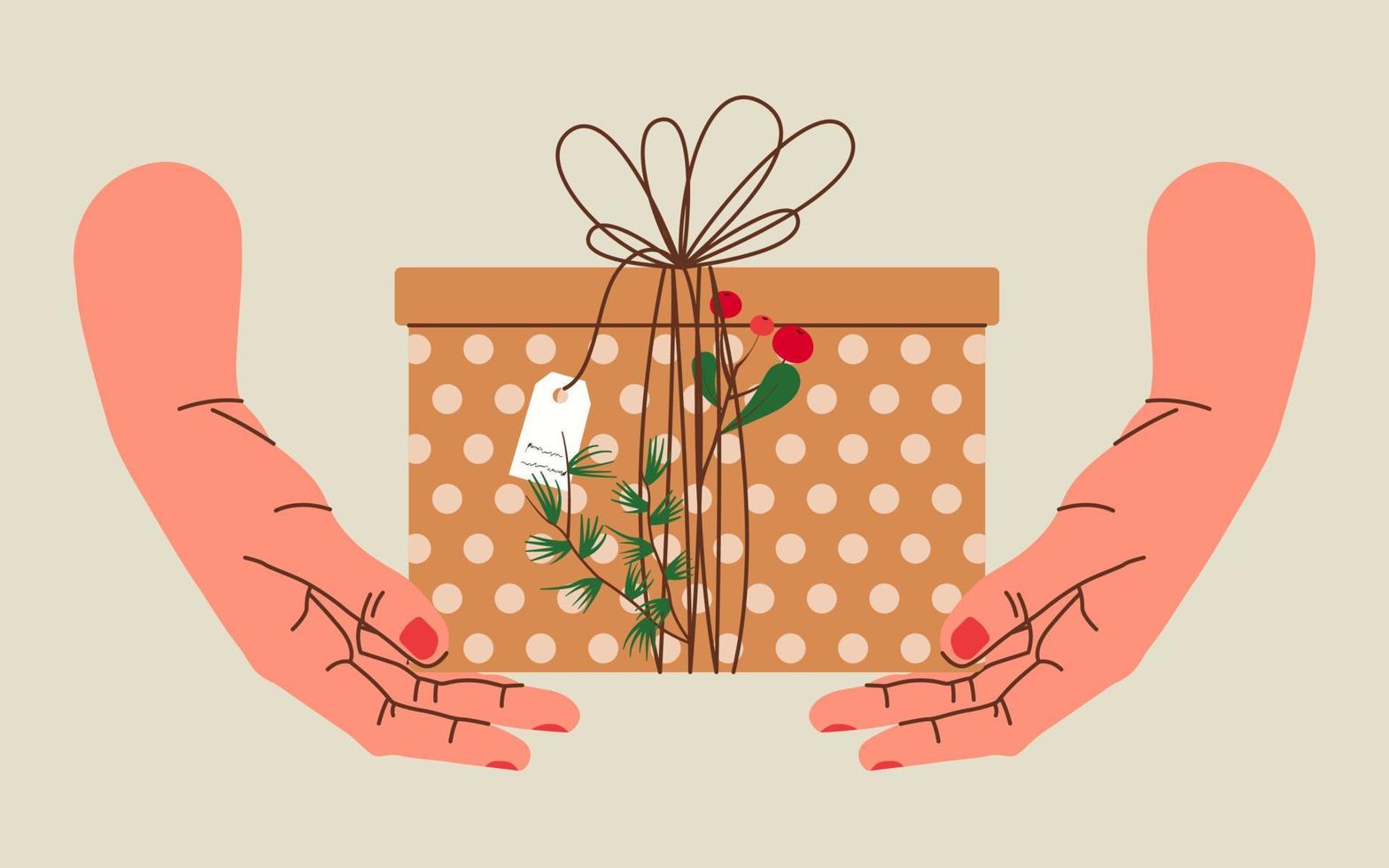 mani Tenere Natale regalo nel kraft carta con etichetta e frutti di bosco. presente scatola nel mestiere involucro carta con arco e rami. colorato piatto vettore illustrazione isolato su beige sfondo.