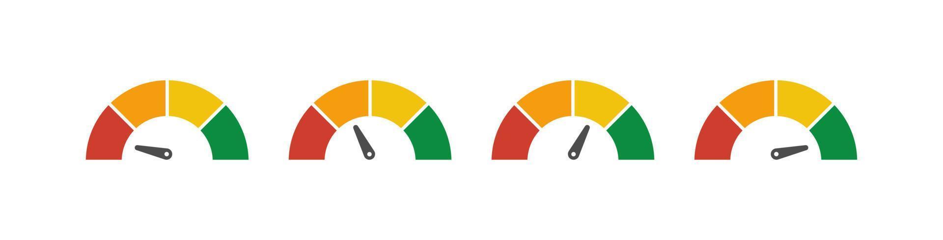 impostato di vettore tachimetro metro con freccia per pannello di controllo con verde, giallo, rosso indicatori. valutare di tachimetro. basso, medio, alto e rischio livelli. bitcoin paura e avidità indice criptovaluta