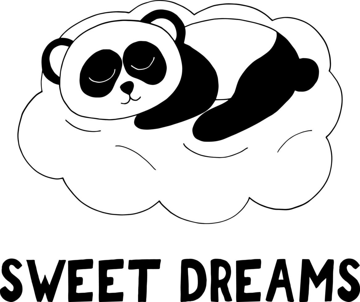 panda addormentato su un' nube e lettering dolce sogni. asilo manifesto modello, carino animale. mano disegnato scarabocchio stile. vettore, minimalismo, monocromo. arredamento per bambini camera. neonato, etichetta, carta vettore