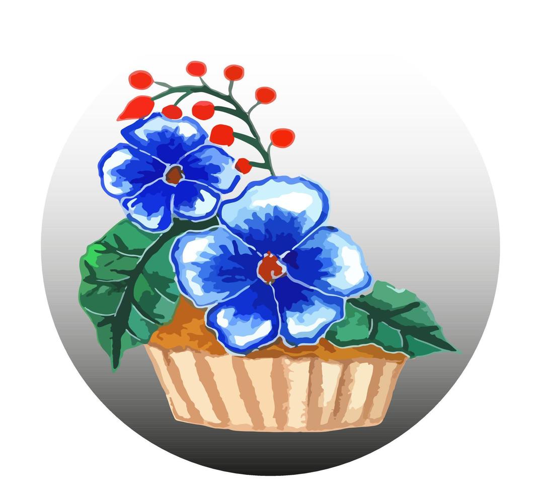 singolo elemento è biscotto torta cestino con Due blu fiori, non ti scordar di me e rametto di rosso frutti di bosco. acquerello illustrazione vettore