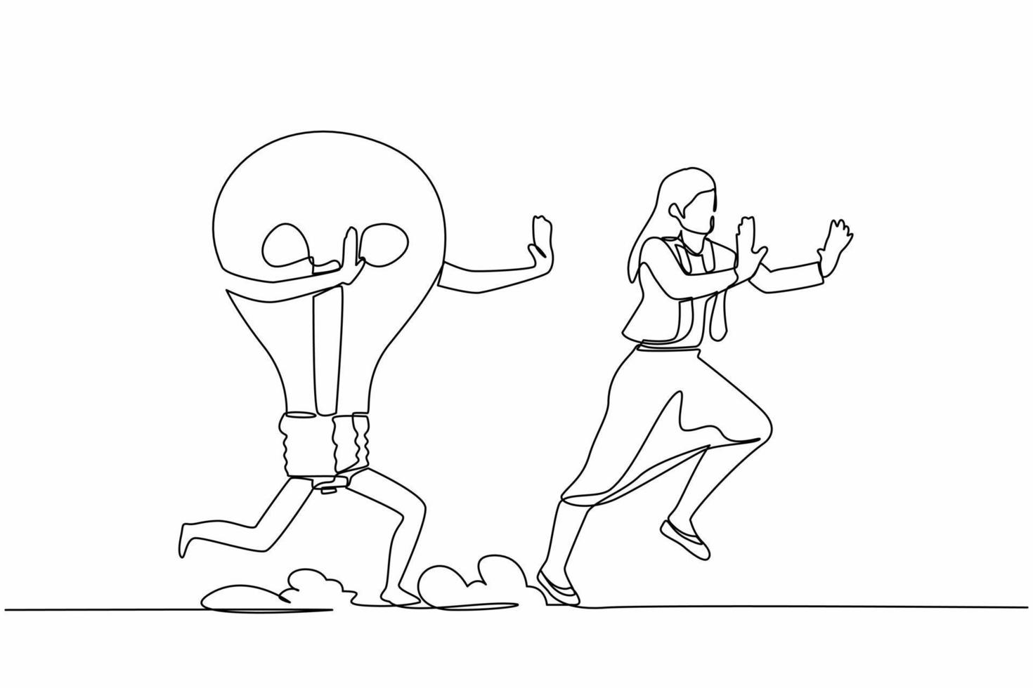 singolo continuo linea disegno impaurito donna d'affari essere inseguito di leggero lampadina. femmina manager perdente attività commerciale idea, ispirazione, innovazione. minimalismo metafora. uno linea design vettore illustrazione