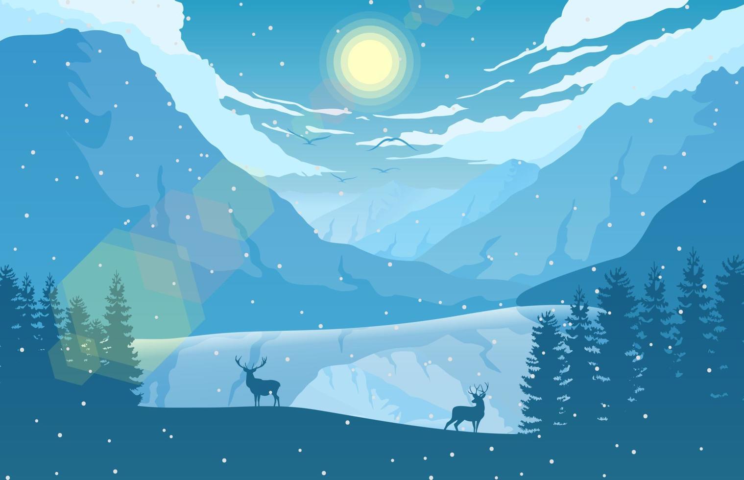 inverno montagna paesaggio con cervo e foresta a caduta neve vettore