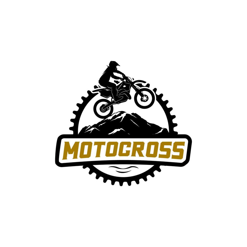 motocross freestyle logo distintivo con foresta e montagna logo vettore