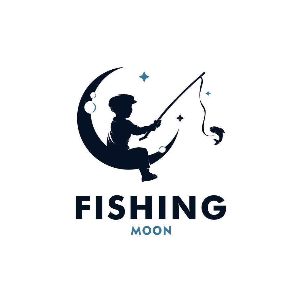 un' ragazzo pesca nel il Luna logo design vettore