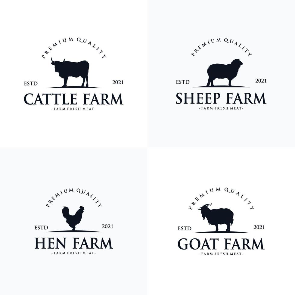 azienda agricola logo design concetto mucca, agnello, capra e pollo azienda agricola con bianca sfondo vettore