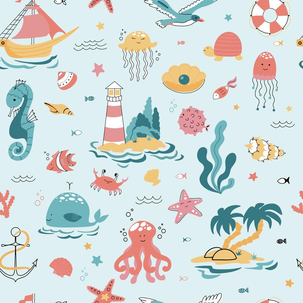 carino senza soluzione di continuità modello con un' nautico tema. oceano e mare vita sfondo per tessuto e confezione. vettore illustrazione per bambini.