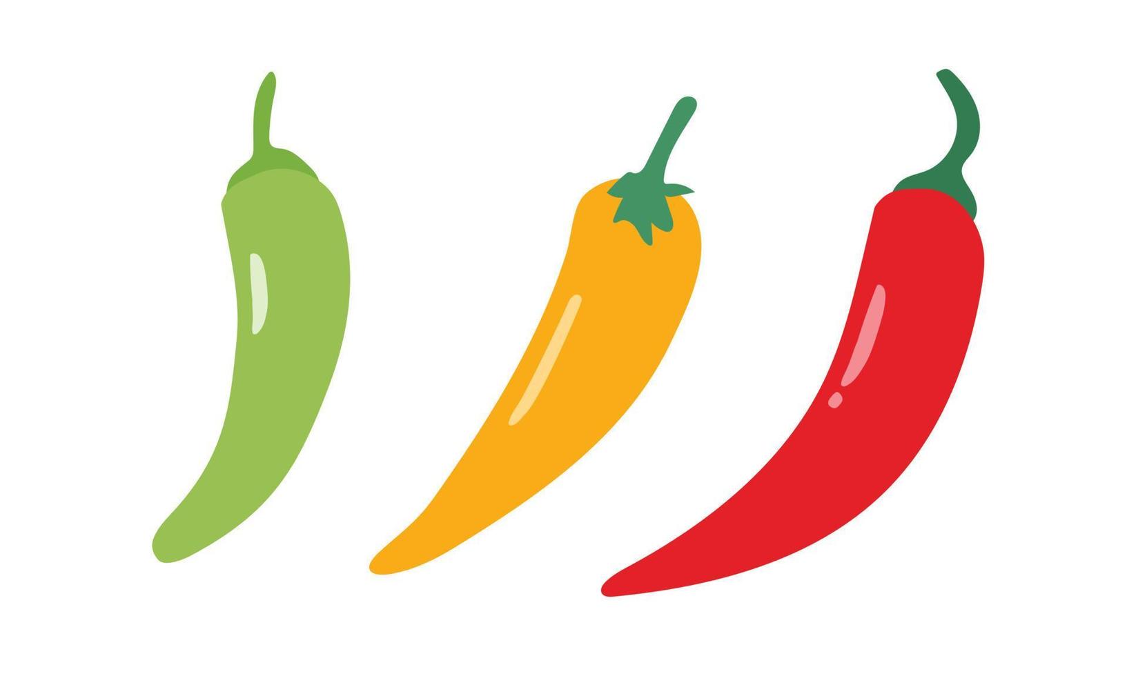 impostato di semplice rosso, verde, giallo chili Pepe clipart vettore illustrazione isolato su bianca sfondo. peperoncino peperoni cartone animato stile. peperoncino cartello icona. biologico cibo, verdure e ristorante concetto