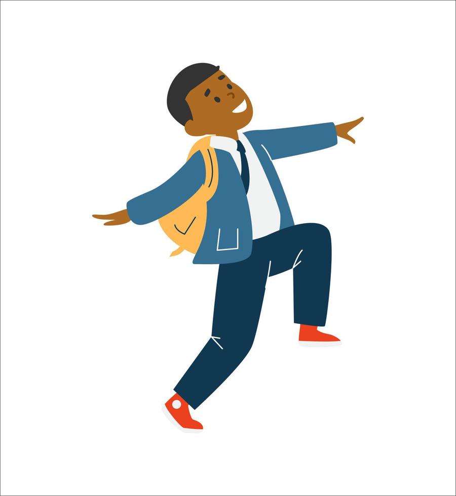 contento afro americano ragazzo nel scuola uniforme con scuola Borsa salto e saltare. isolato su bianca. piatto vettore illustrazione.