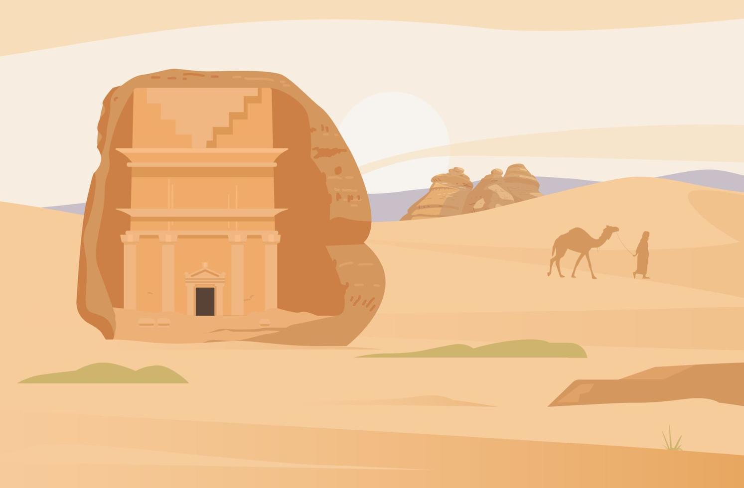 Arabia arabia deserto paesaggio con antico tombe di al ula. hegra antico villaggio. sabbia rocce. piatto vettore illustrazione.