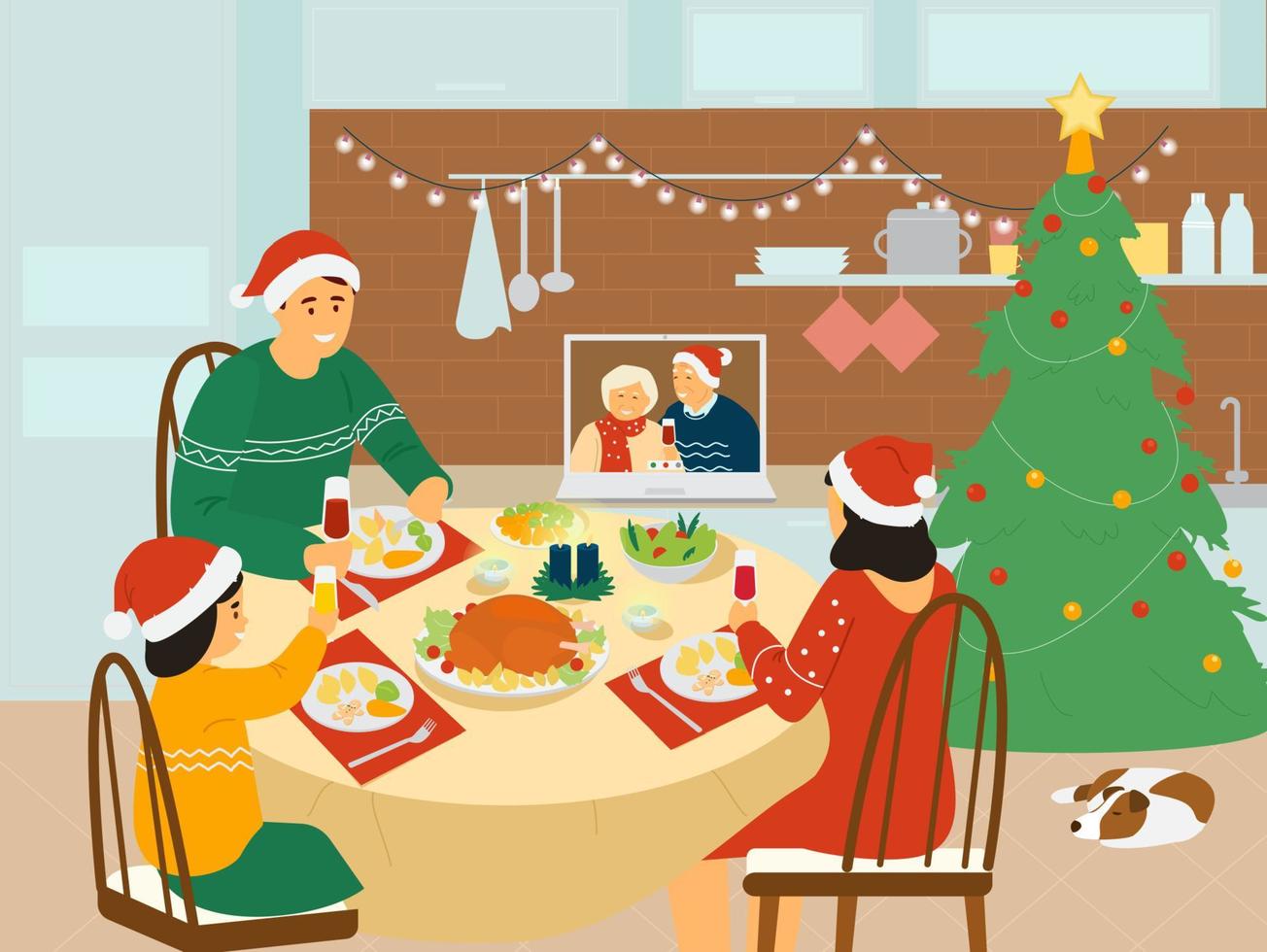 Natale famiglia cena a casa. genitori e bambino seduta a tavolo con Natale cibo festeggiare con nonni utilizzando video conferenza chiamata nel il computer portatile nel il cucina. vettore illusione.