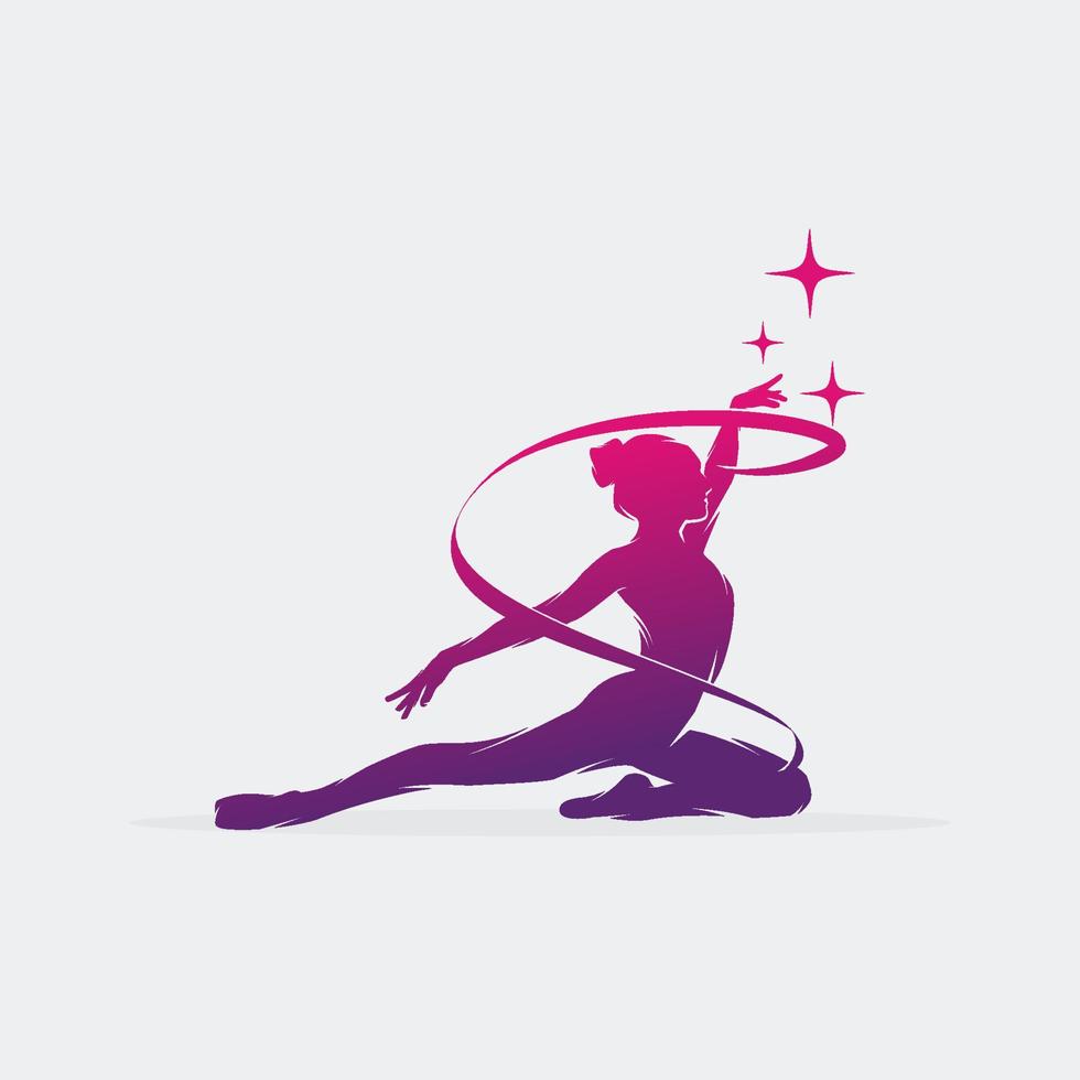 giovane ginnasta donna danza con nastro logo vettore