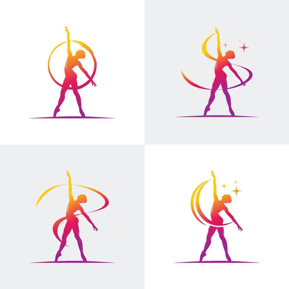 impostato giovane ginnasta donne danza con nastro logo vettore