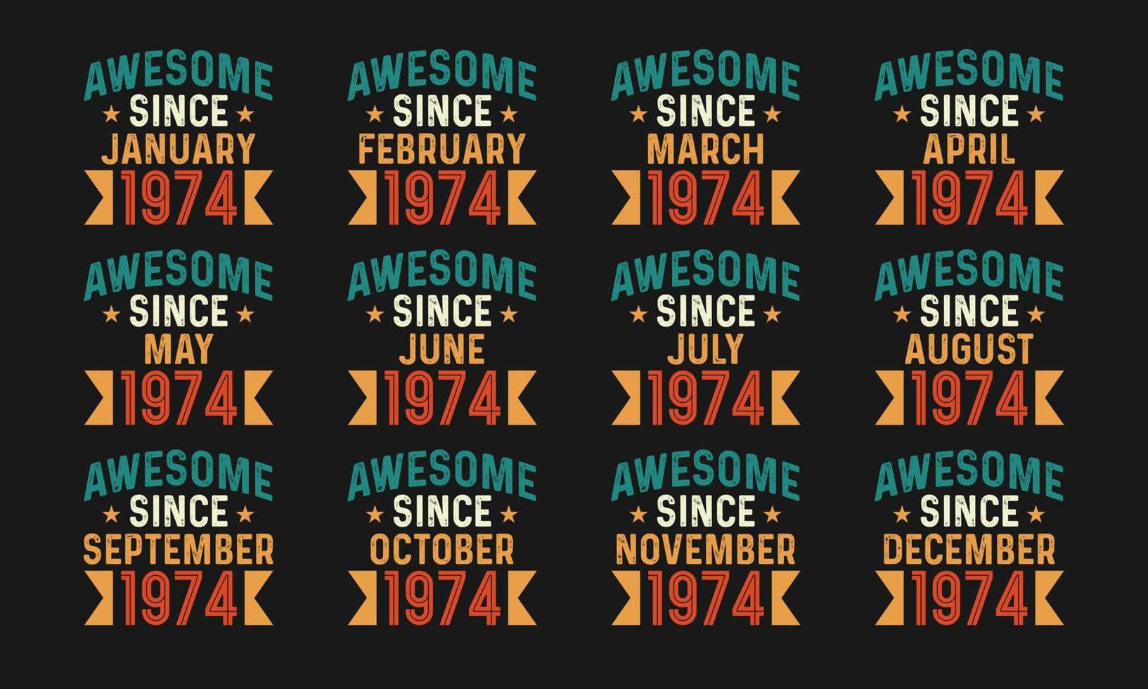 eccezionale da gennaio, febbraio, marzo, aprile, Maggio, giugno, luglio, agosto, settembre, ottobre, novembre, e dicembre 1974. retrò Vintage ▾ tutti mese nel 1974 compleanno celebrazione professionista Scarica vettore