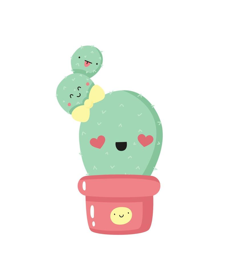 carino cartone animato cactus con kawaii viso. mano disegnato casa pianta, cactus personaggio per bambini design. piatto vettore illustrazione.