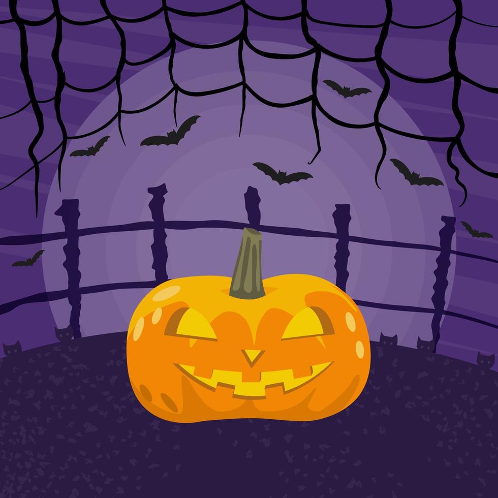 contento Halloween vettore illustrazione. spaventoso zucca, pieno Luna nel il cielo, gatti e volante pipistrelli.