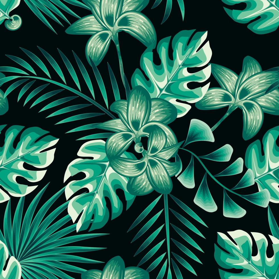 verde giungla fogliame illustrazione senza soluzione di continuità modello con verde monocromatico stile tropicale pianta su notte sfondo. natura sfondo. vettore design stampe. floreale sfondo. esotico tropici. estate