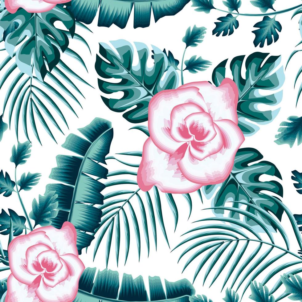 esotico naturale verde pianta vettore design senza soluzione di continuità modello. tropicale fiore composizione su bianca sfondo. spiaggia senza soluzione di continuità modello sfondo con Monstera palma foglie, Banana fogliame e rosa fiori