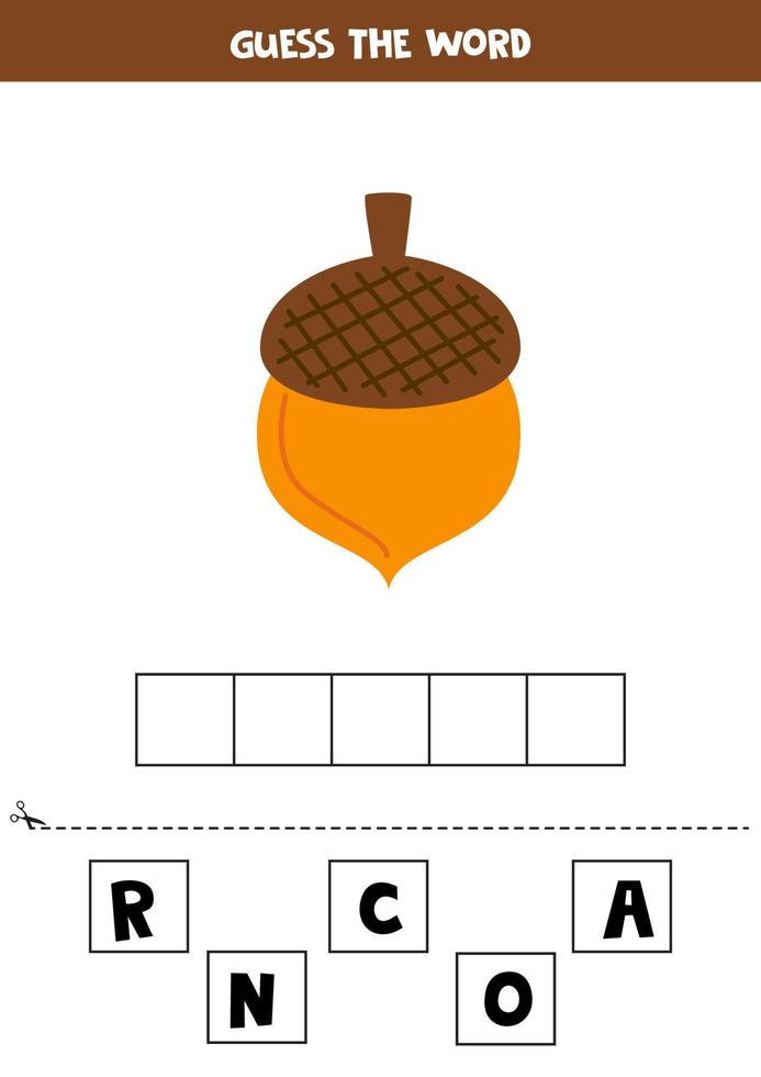 ortografia gioco per prescolastico bambini. cartone animato autunno ghianda. vettore