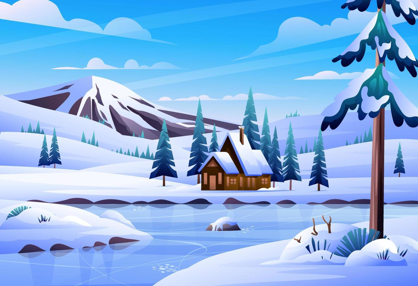 inverno paesaggio con un' Casa, congelato lago e montagna sfondo cartone animato illustrazione vettore