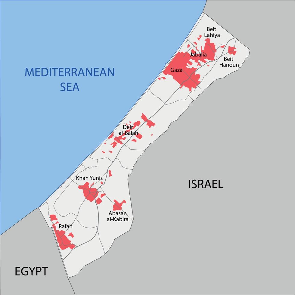 carta geografica di gaza striscia con strade e città. vettore